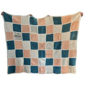 Handmade Crochet Patchwork Blanket Throw in Pink Blue and White Cream, EUC!